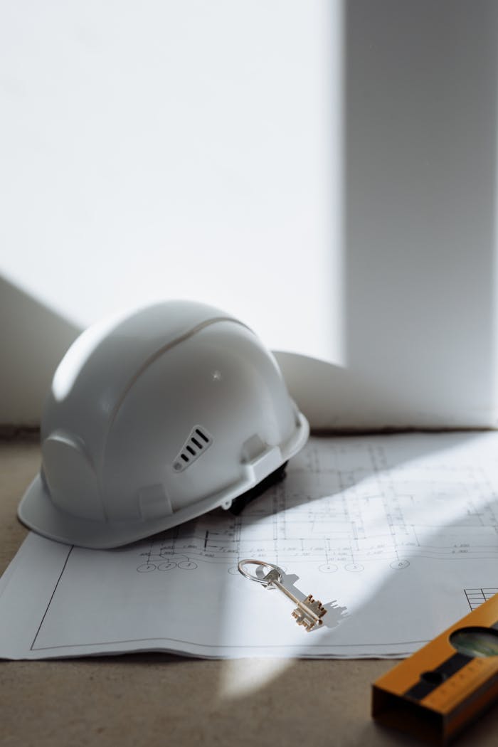 Mastering the First Impression: Your intriguing post title goes here Close-up of a safety helmet and key on a blueprint, symbolizing construction and planning.